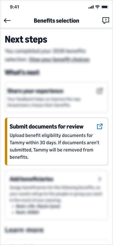 Next steps page: the same Submit documents prompt with the 30-day deadline